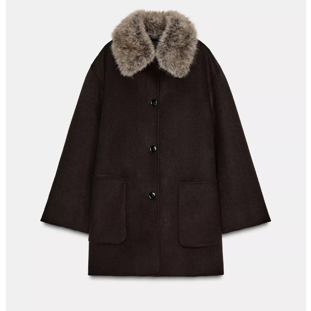 ZARA WOOL BLEND COAT WITH FAUX FUR COLLAR ZW COLLECTION